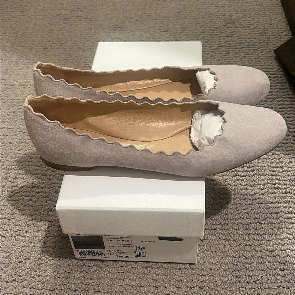 Chloe Scalloped Suede Ballet Flats in Light Grey/Beige, Size 38.5